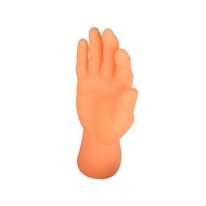 Miniature rubber finger hand cat toy for massaging and playing with pets on white background