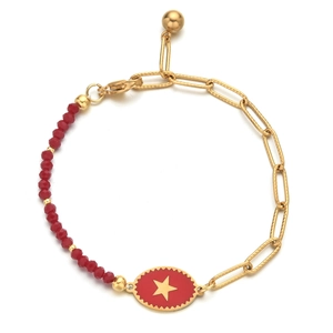 Bohemian gold stainless steel paperclip bracelet with red faceted beads and star charm