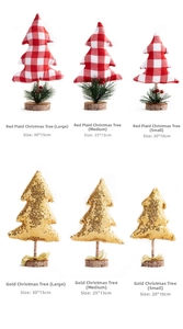 Detailed view of mini Christmas trees with red plaid and gold sequins in three sizes
