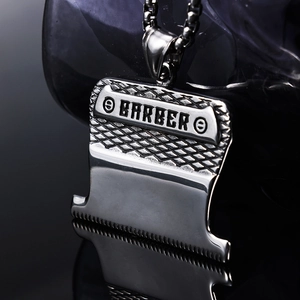 Polished stainless steel barber clipper pendant necklace with engraved barber text on chain