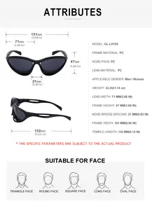 Detailed size chart for Y2K sports sunglasses showing frame dimensions and specifications