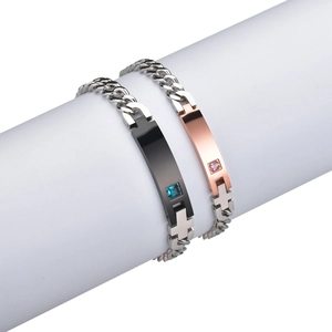 Matching stainless steel bar bracelets with blue and pink gems for couples in black and rose gold
