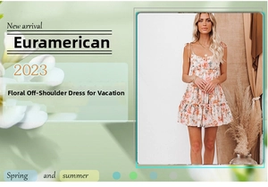 Detailed view of floral tiered mini dress with thin straps and layered vacation style