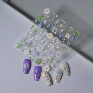 5D embossed nail stickers featuring lily of the valley and blue butterfly patterns