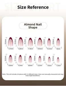 Size chart for almond-shaped press-on nails including 24 pieces in 12 distinct sizes