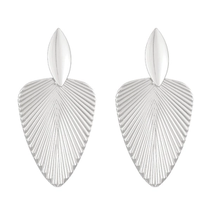 Detailed view of silver leaf-shaped earrings with fan-like textured metallic finish