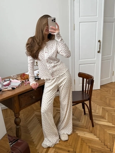 Women Pajama Top And Pants Cotton Pointelle Ribbed Knit Floral Loungewear Long Sleeve Button Down Sweet Home Wear