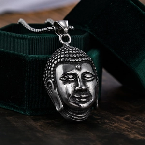 Buddha Head Pendant Necklace Vintage Stainless Steel Sakyamuni Religious Jewelry Men Ethnic Style