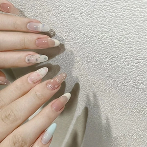Almond Press On Nails Glossy Plastic Artificial Fingernails Sweet Floral Bows French Tips Gradient