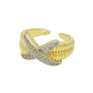 X-shape two-tone open ring with 18k gold plating and sparkling zircon stones for women