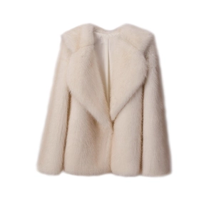 Detailed view of large lapel and soft faux fur texture on a white winter coat