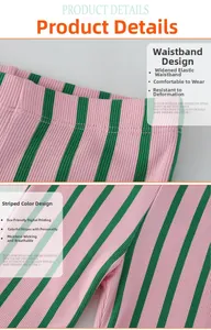 Close-up of girls' ribbed knit trousers showing wide elastic waistband and pink-green stripes