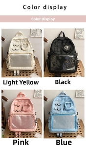 Collage of four backpack colors including yellow, black, pink, and blue with mesh pockets