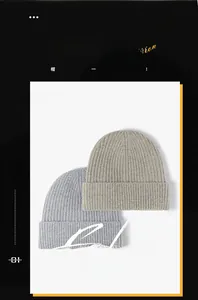 Vertical rib knit texture and wide folded brim detail of gray and beige winter beanies