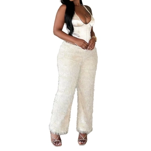 Ensemble chic deux pièces femme : haut corset crème et pantalon à franges texturé