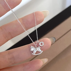 Rocking Horse Pendant Necklace Mother Of Artificial Pearl Zircon Inlaid Copper Silver Color Elegant Dainty Jewelry Women Gift