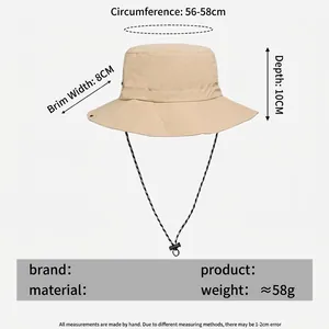 Waterproof nylon bucket hat with size chart: 56-58cm circumference and 8cm wide brim