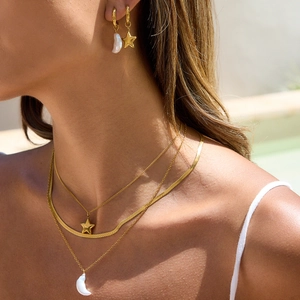 Elegant 18K gold stainless steel layered necklace with star and pearl moon pendants