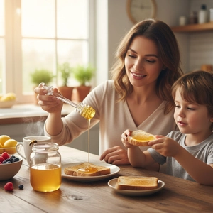 Miel liquide doré sur un bâtonnet mélangeur pendant un petit-déjeuner en famille