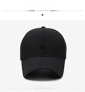 Front view of black sports baseball cap with white SPORT embroidery and pre-curved brim