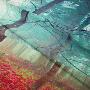 Dettaglio del tessuto stampato foresta con foglie rosse e nebbia verde acqua di alta qualità