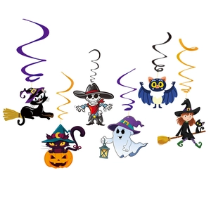 Halloween hanging decorations featuring cartoon witch ghost and bat with foil swirls