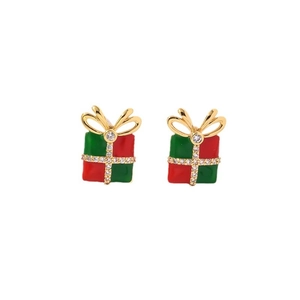 Christmas gift box earrings with red and green enamel and sparkling rhinestones
