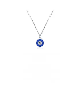 Detail of S925 silver necklace with blue enamel evil eye pendant and zircon stone
