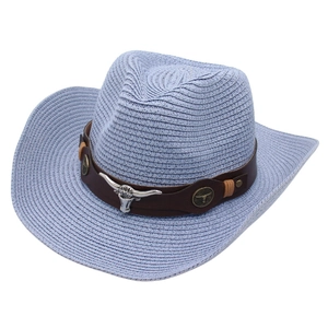 Western Cowboy Straw Hat With Bull Head Metal Decor Retro Woven Sun Beach Hat For Women Men Outdoor Knight Hat