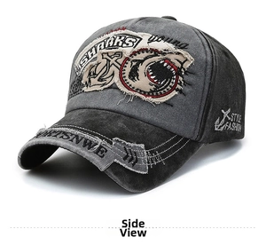 Detailed view of washed grey cotton baseball cap with Sharks patch and distressed brim