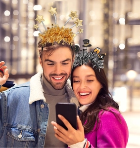 Detail of New Year headbands with gold stars and silver hat motifs for festive parties