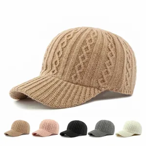 Knitted Baseball Cap Cable Knit Wool Yarn Warm Winter Visor Duck Tongue Hat For Women Vintage Adjustable Solid Color