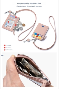 Pale pink lychee leather card holder with 1 window, 3 slots, and side zipper pocket