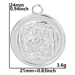 Detailed silver owl relief coin pendant with dimensions 24x21mm and 3.6g weight