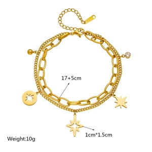 Double-layer stainless steel star bracelet with rhinestones and hollow round pendant