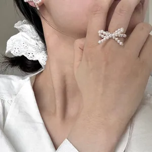 S925 silver beaded pearl bow ring and earring set for women in sweet Korean style