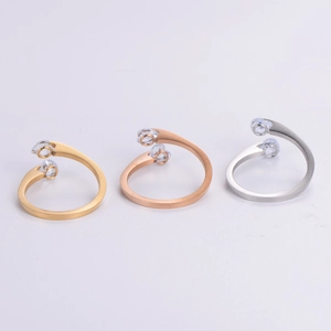 Three-piece set of adjustable stainless steel open rings with zircon in gold, rose gold and silver
