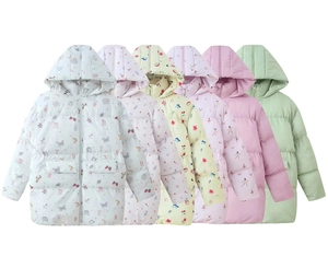 Flat lay of colorful hooded down jackets with floral and fruit patterns for kids