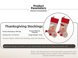 Detail of gingerbread man Christmas stockings in polyester with dimensions and weight info