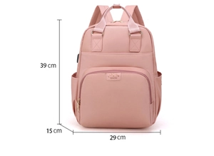 Pink diaper backpack dimensions showing height 39cm, width 29cm and depth 15cm