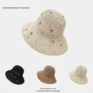 Summer Paper Straw Bucket Hat With Colorful Cross Embroidery Wide Brim Foldable Beach Vacation Sun Protection Women