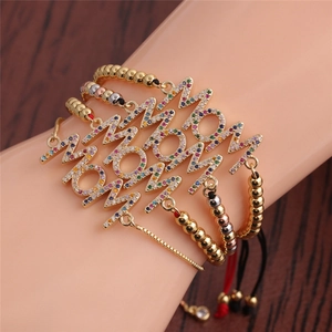 MOM Letter Bracelet Copper Micro Pave Colorful Zircon Adjustable Link Chain Woven Rope Mother Jewelry Gift