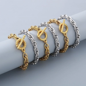 Polished stainless steel twist chain bracelets with OT toggle clasps in gold and silver