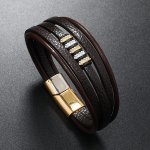 Multi-layer deep brown leather bracelet for men with gold and silver metal charms