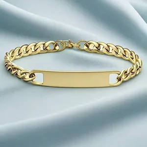 Stainless Steel Cuban Chain Bracelet With Rectangular ID Plate Polished Finish Fashion Jewelry For Men And Women