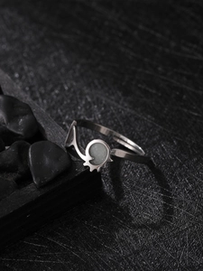 Detail of silver stainless steel luminous ring on black stones with dark artistic lighting