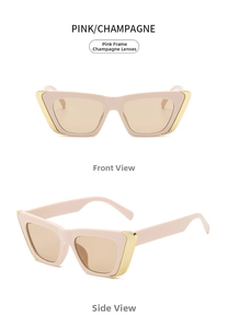 Detail view of pink cat eye sunglasses with champagne lenses and gold metal trim