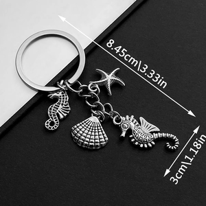 Vintage Zinc Alloy Ocean Theme Keychain With Seahorse Starfish Shell Charms Antique Silver Metal Key Ring For Bags Car Keys
