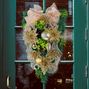 Weihnachten Teardrop Swag Künstliche Kiefer Kunststoff Stoff Gold Glitzer Blumen Champagner Organza Schleife Haustür Deko