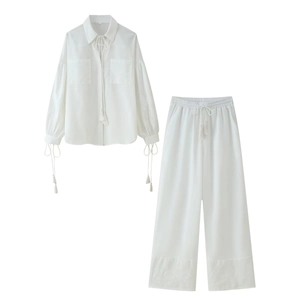 Women casual white cotton linen set with tassel tie shirt and wide leg pants
